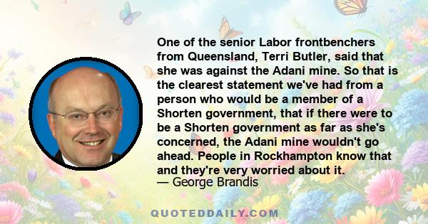 One of the senior Labor frontbenchers from Queensland, Terri Butler, said that she was against the Adani mine. So that is the clearest statement we've had from a person who would be a member of a Shorten government,