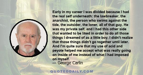 Early in my career I was divided because I had the real self underneath: the lawbreaker, the anarchist, the person who swims against the tide, the outsider, the loner, all of that guy. He was my private self, and I had