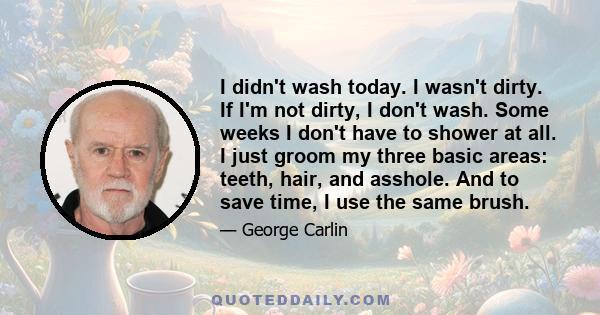 I didn't wash today. I wasn't dirty. If I'm not dirty, I don't wash. Some weeks I don't have to shower at all. I just groom my three basic areas: teeth, hair, and asshole. And to save time, I use the same brush.