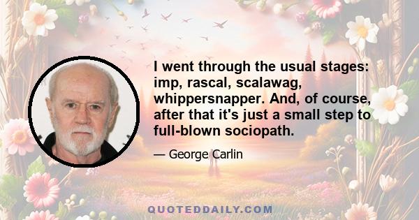 I went through the usual stages: imp, rascal, scalawag, whippersnapper. And, of course, after that it's just a small step to full-blown sociopath.