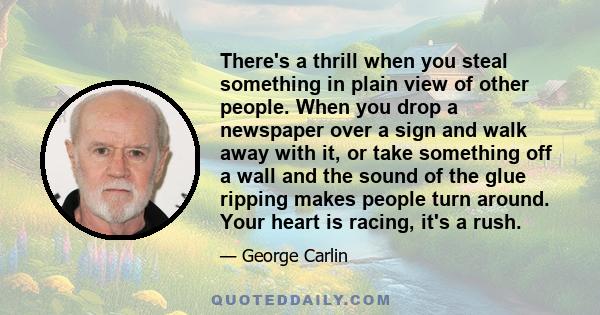 There's a thrill when you steal something in plain view of other people. When you drop a newspaper over a sign and walk away with it, or take something off a wall and the sound of the glue ripping makes people turn