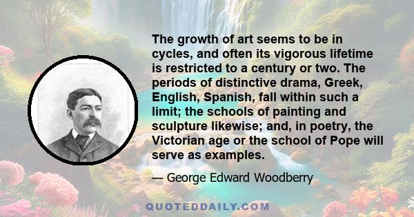 The growth of art seems to be in cycles, and often its vigorous lifetime is restricted to a century or two. The periods of distinctive drama, Greek, English, Spanish, fall within such a limit; the schools of painting