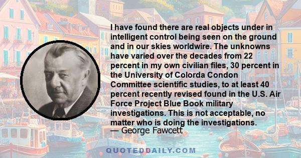 I have found there are real objects under in intelligent control being seen on the ground and in our skies worldwire. The unknowns have varied over the decades from 22 percent in my own civilian files, 30 percent in the 