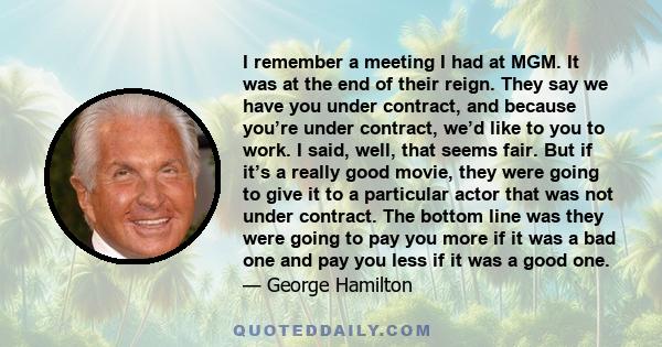 I remember a meeting I had at MGM. It was at the end of their reign. They say we have you under contract, and because you’re under contract, we’d like to you to work. I said, well, that seems fair. But if it’s a really