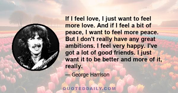 If I feel love, I just want to feel more love. And if I feel a bit of peace, I want to feel more peace. But I don't really have any great ambitions. I feel very happy. I've got a lot of good friends. I just want it to