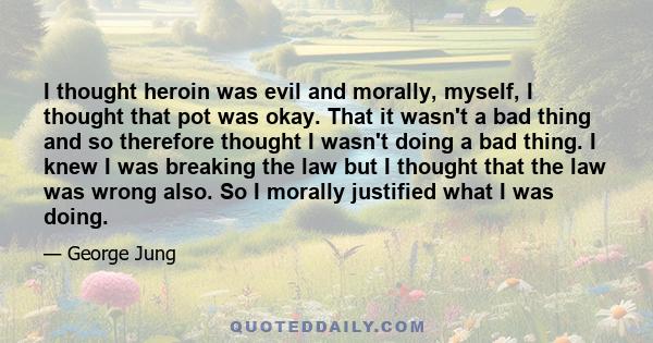 I thought heroin was evil and morally, myself, I thought that pot was okay. That it wasn't a bad thing and so therefore thought I wasn't doing a bad thing. I knew I was breaking the law but I thought that the law was