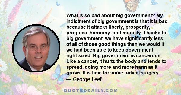 What is so bad about big government? My indictment of big government is that it is bad because it attacks liberty, prosperity, progress, harmony, and morality. Thanks to big government, we have significantly less of all 