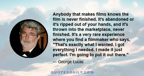 Anybody that makes films knows the film is never finished. It's abandoned or it's ripped out of your hands, and it's thrown into the marketplace, never finished. It's a very rare experience where you find a filmmaker