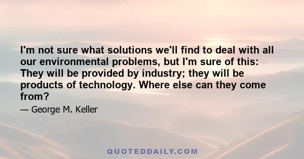 I'm not sure what solutions we'll find to deal with all our environmental problems, but I'm sure of this: They will be provided by industry; they will be products of technology. Where else can they come from?