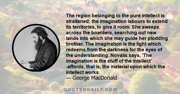 The region belonging to the pure intellect is straitened: the imagination labours to extend its territories, to give it room. She sweeps across the boarders, searching out new lands into which she may guide her plodding 