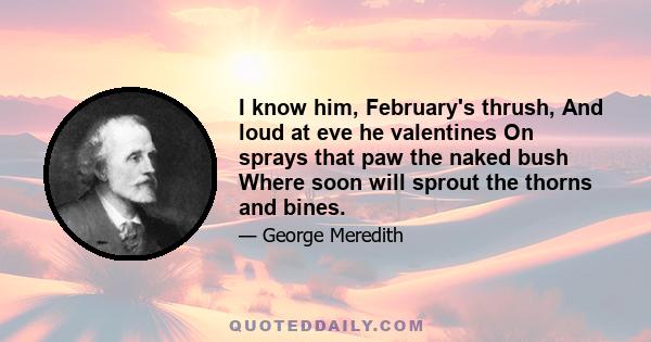 I know him, February's thrush, And loud at eve he valentines On sprays that paw the naked bush Where soon will sprout the thorns and bines.