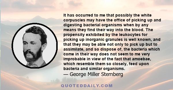 It has occurred to me that possibly the white corpuscles may have the office of picking up and digesting bacterial organisms when by any means they find their way into the blood. The propensity exhibited by the