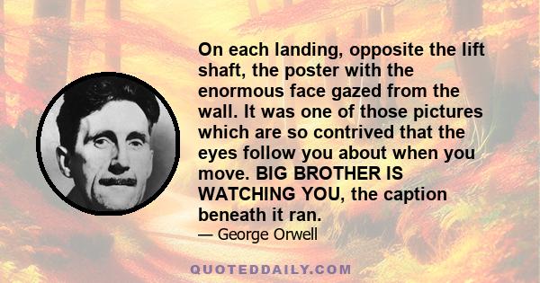 On each landing, opposite the lift shaft, the poster with the enormous face gazed from the wall. It was one of those pictures which are so contrived that the eyes follow you about when you move. BIG BROTHER IS WATCHING