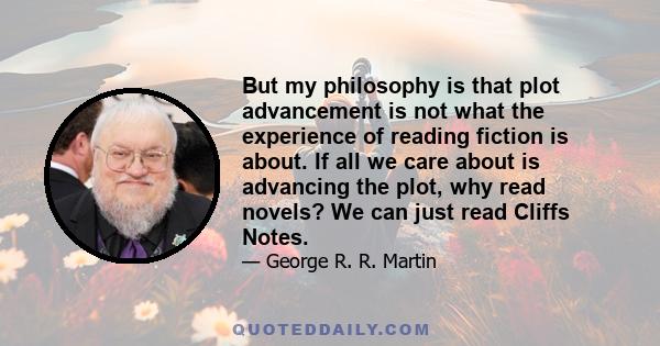 But my philosophy is that plot advancement is not what the experience of reading fiction is about. If all we care about is advancing the plot, why read novels? We can just read Cliffs Notes.