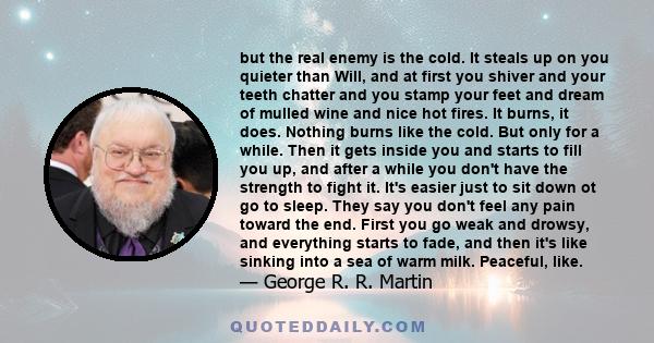 but the real enemy is the cold. It steals up on you quieter than Will, and at first you shiver and your teeth chatter and you stamp your feet and dream of mulled wine and nice hot fires. It burns, it does. Nothing burns 