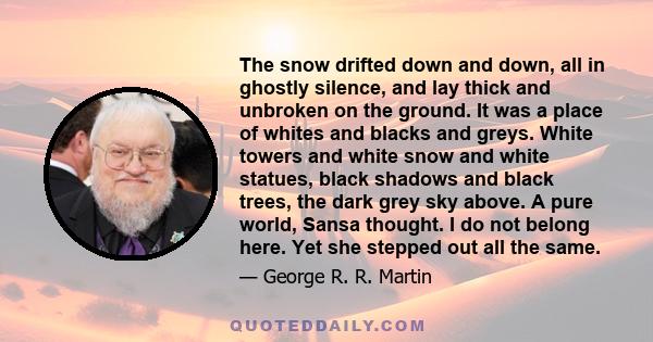 The snow drifted down and down, all in ghostly silence, and lay thick and unbroken on the ground. It was a place of whites and blacks and greys. White towers and white snow and white statues, black shadows and black