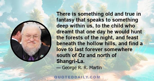 There is something old and true in fantasy that speaks to something deep within us, to the child who dreamt that one day he would hunt the forests of the night, and feast beneath the hollow hills, and find a love to