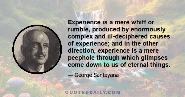 Experience is a mere whiff or rumble, produced by enormously complex and ill-deciphered causes of experience; and in the other direction, experience is a mere peephole through which glimpses come down to us of eternal