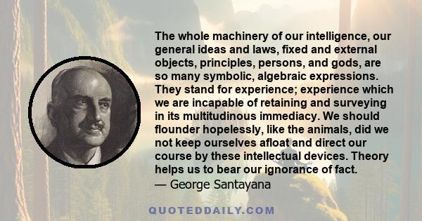 The whole machinery of our intelligence, our general ideas and laws, fixed and external objects, principles, persons, and gods, are so many symbolic, algebraic expressions. They stand for experience; experience which we 