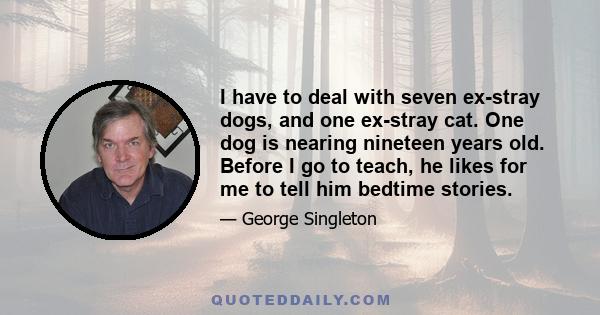 I have to deal with seven ex-stray dogs, and one ex-stray cat. One dog is nearing nineteen years old. Before I go to teach, he likes for me to tell him bedtime stories.