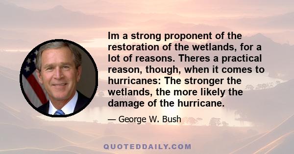 Im a strong proponent of the restoration of the wetlands, for a lot of reasons. Theres a practical reason, though, when it comes to hurricanes: The stronger the wetlands, the more likely the damage of the hurricane.