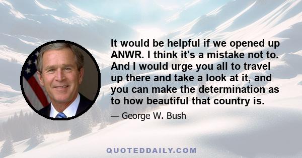 It would be helpful if we opened up ANWR. I think it's a mistake not to. And I would urge you all to travel up there and take a look at it, and you can make the determination as to how beautiful that country is.