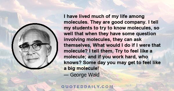 I have lived much of my life among molecules. They are good company. I tell my students to try to know molecules, so well that when they have some question involving molecules, they can ask themselves, What would I do