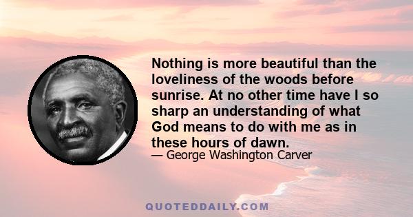 Nothing is more beautiful than the loveliness of the woods before sunrise. At no other time have I so sharp an understanding of what God means to do with me as in these hours of dawn.