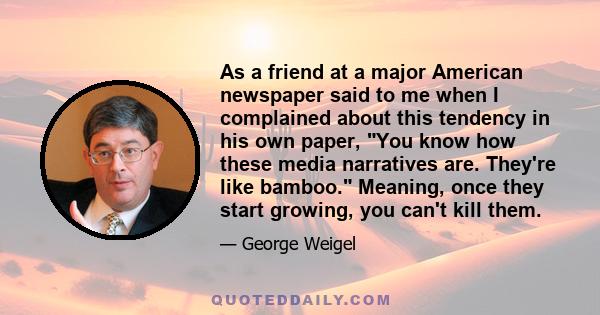 As a friend at a major American newspaper said to me when I complained about this tendency in his own paper, You know how these media narratives are. They're like bamboo. Meaning, once they start growing, you can't kill 