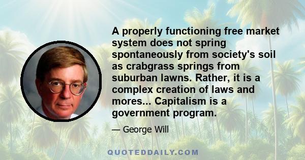 A properly functioning free market system does not spring spontaneously from society's soil as crabgrass springs from suburban lawns. Rather, it is a complex creation of laws and mores... Capitalism is a government