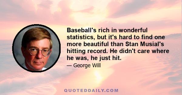 Baseball's rich in wonderful statistics, but it's hard to find one more beautiful than Stan Musial's hitting record. He didn't care where he was, he just hit.