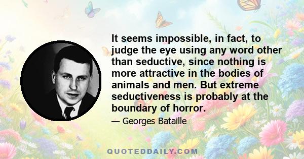 It seems impossible, in fact, to judge the eye using any word other than seductive, since nothing is more attractive in the bodies of animals and men. But extreme seductiveness is probably at the boundary of horror.