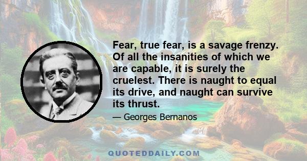 Fear, true fear, is a savage frenzy. Of all the insanities of which we are capable, it is surely the cruelest. There is naught to equal its drive, and naught can survive its thrust.