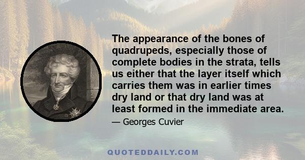 The appearance of the bones of quadrupeds, especially those of complete bodies in the strata, tells us either that the layer itself which carries them was in earlier times dry land or that dry land was at least formed