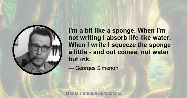 I'm a bit like a sponge. When I'm not writing I absorb life like water. When I write I squeeze the sponge a little - and out comes, not water but ink.