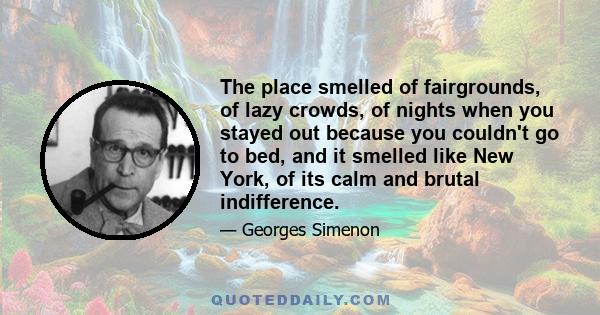 The place smelled of fairgrounds, of lazy crowds, of nights when you stayed out because you couldn't go to bed, and it smelled like New York, of its calm and brutal indifference.