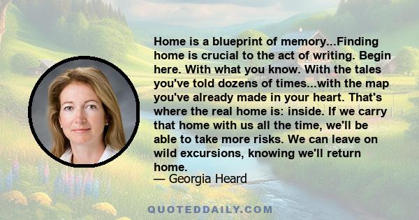 Home is a blueprint of memory...Finding home is crucial to the act of writing. Begin here. With what you know. With the tales you've told dozens of times...with the map you've already made in your heart. That's where