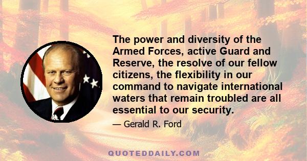 The power and diversity of the Armed Forces, active Guard and Reserve, the resolve of our fellow citizens, the flexibility in our command to navigate international waters that remain troubled are all essential to our