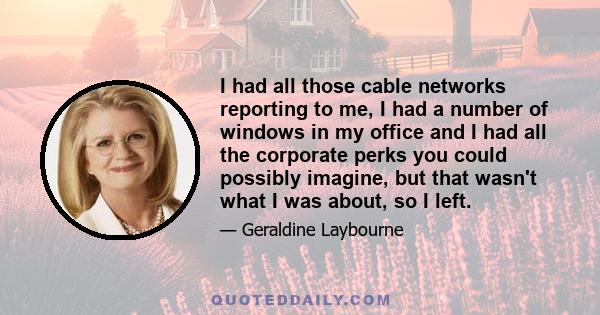 I had all those cable networks reporting to me, I had a number of windows in my office and I had all the corporate perks you could possibly imagine, but that wasn't what I was about, so I left.