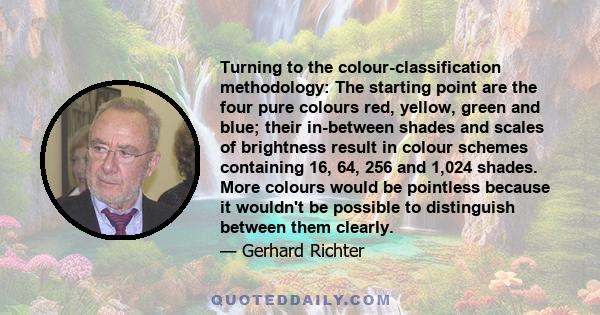 Turning to the colour-classification methodology: The starting point are the four pure colours red, yellow, green and blue; their in-between shades and scales of brightness result in colour schemes containing 16, 64,