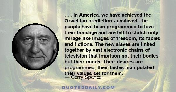 . . . in America, we have achieved the Orwellian prediction - enslaved, the people have been programmed to love their bondage and are left to clutch only mirage-like images of freedom, its fables and fictions. The new