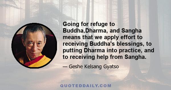 Going for refuge to Buddha,Dharma, and Sangha means that we apply effort to receiving Buddha's blessings, to putting Dharma into practice, and to receiving help from Sangha.