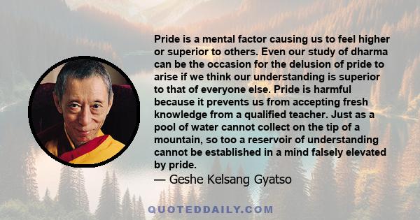 Pride is a mental factor causing us to feel higher or superior to others. Even our study of dharma can be the occasion for the delusion of pride to arise if we think our understanding is superior to that of everyone