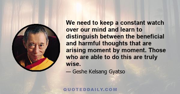 We need to keep a constant watch over our mind and learn to distinguish between the beneficial and harmful thoughts that are arising moment by moment. Those who are able to do this are truly wise.