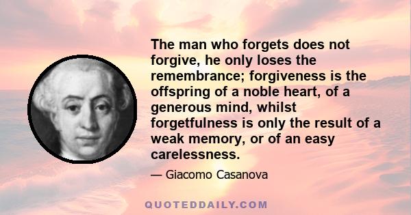 The man who forgets does not forgive, he only loses the remembrance; forgiveness is the offspring of a noble heart, of a generous mind, whilst forgetfulness is only the result of a weak memory, or of an easy