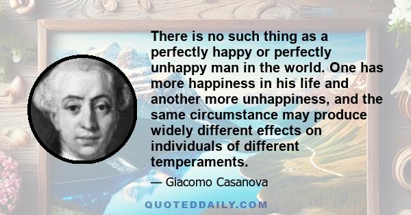 There is no such thing as a perfectly happy or perfectly unhappy man in the world. One has more happiness in his life and another more unhappiness, and the same circumstance may produce widely different effects on