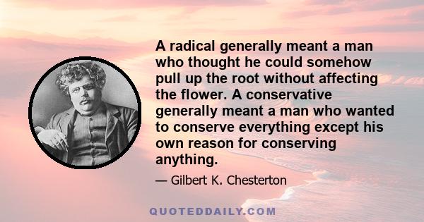 A radical generally meant a man who thought he could somehow pull up the root without affecting the flower. A conservative generally meant a man who wanted to conserve everything except his own reason for conserving