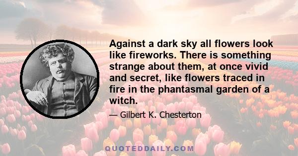 Against a dark sky all flowers look like fireworks. There is something strange about them, at once vivid and secret, like flowers traced in fire in the phantasmal garden of a witch.