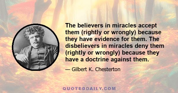 The believers in miracles accept them (rightly or wrongly) because they have evidence for them. The disbelievers in miracles deny them (rightly or wrongly) because they have a doctrine against them.