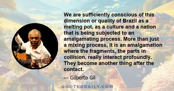 We are sufficiently conscious of this dimension or quality of Brazil as a melting pot, as a culture and a nation that is being subjected to an amalgamating process. More than just a mixing process, it is an amalgamation 